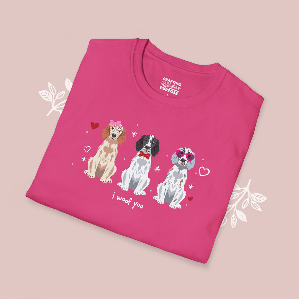 I Woof You Cute English Setter Trio Dog Tee — Valentine's T-Shirt