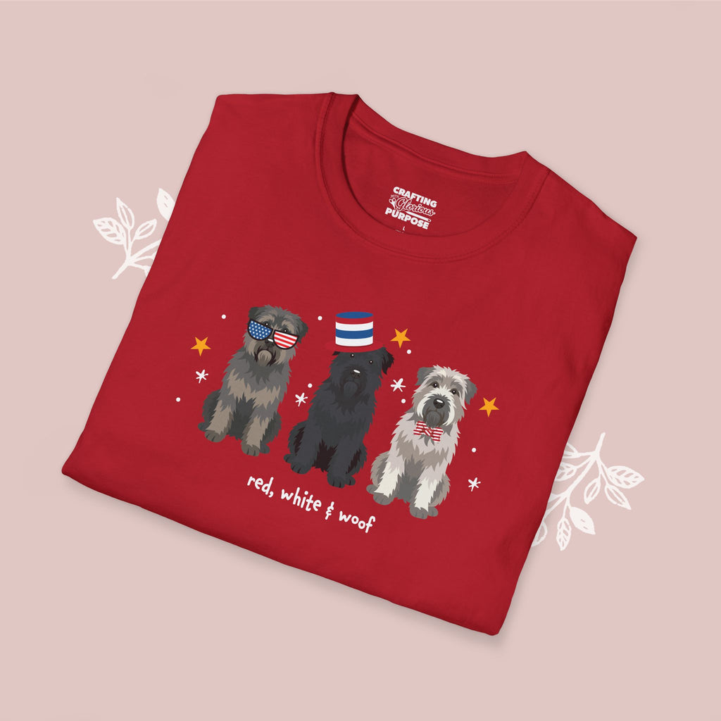 Bouvier Patriotic Dog Trio T-Shirt — 'Red, White & Woof' Cute America Graphic Tee
