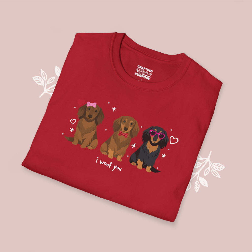 I Woof You Cute Dachshund (Long Haired) Trio Dog Tee — Valentine's T-Shirt