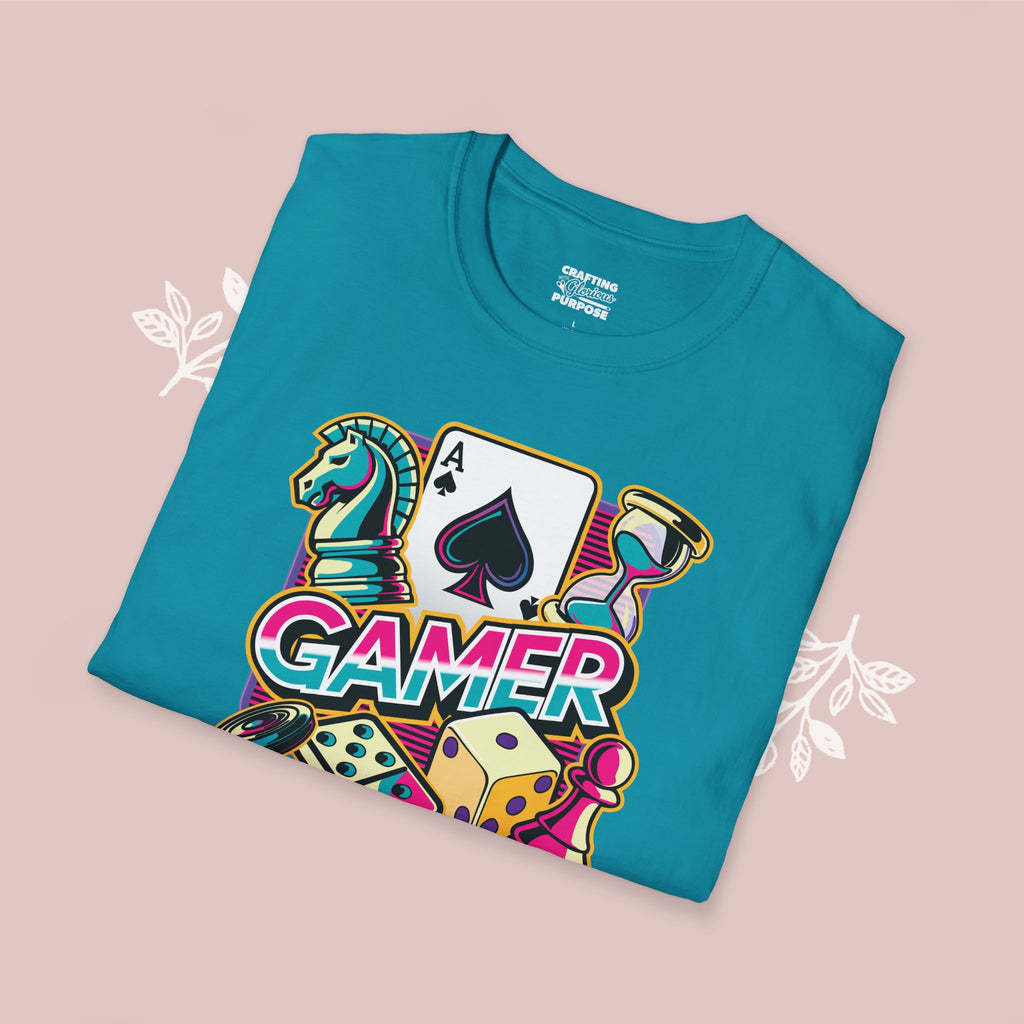 Gamer Board Game Graphic T-Shirt — Retro Dice, Cards & Chess Pieces Design