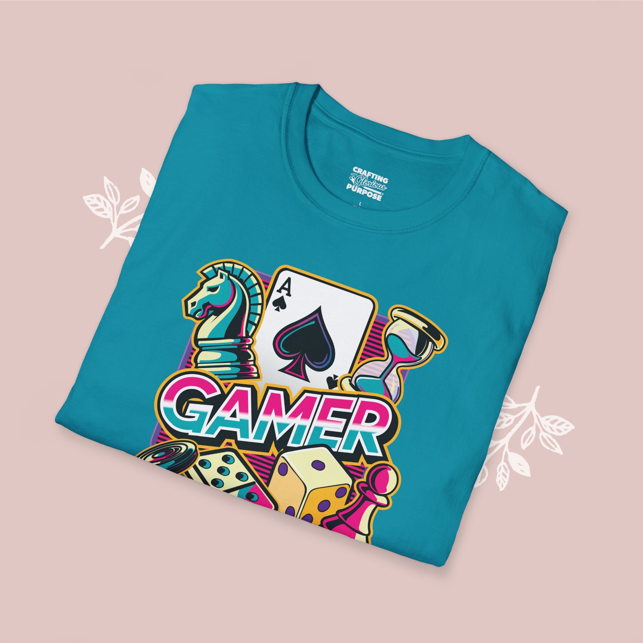 Gamer Board Game Graphic T-Shirt — Retro Dice, Cards & Chess Pieces Design