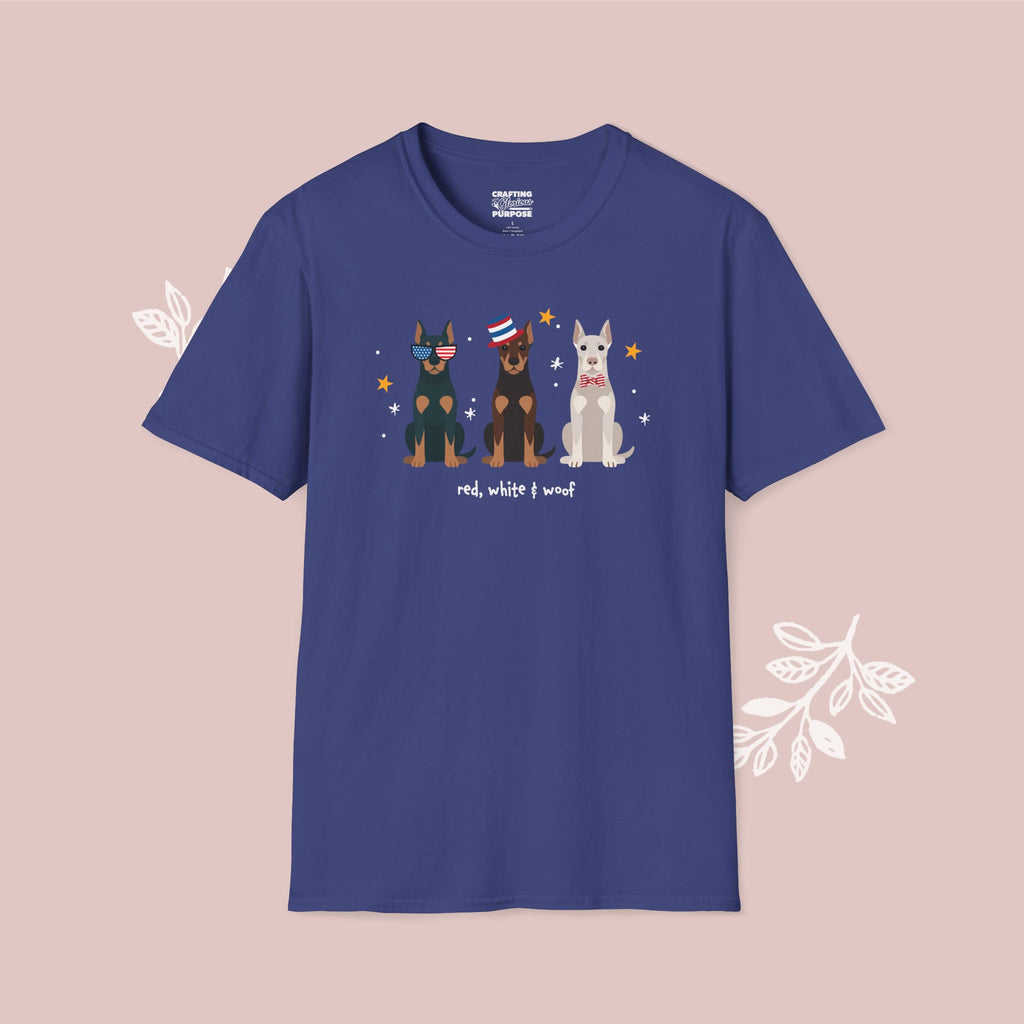 Dobermann Patriotic Dog Trio T-Shirt — 'Red, White & Woof' Cute America Graphic Tee