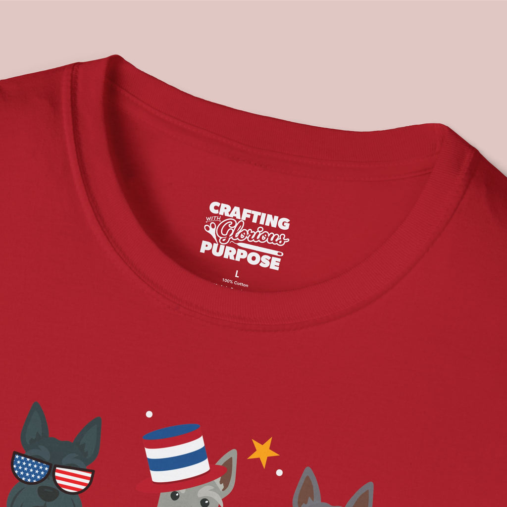 Scottish Terrier Patriotic Dog Trio T-Shirt — 'Red, White & Woof' Cute America Graphic Tee