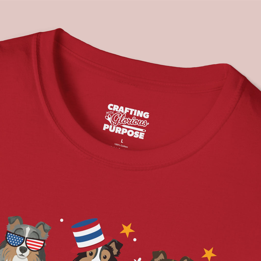 Shetland Sheepdog Patriotic Dog Trio T-Shirt — 'Red, White & Woof' Cute America Graphic Tee
