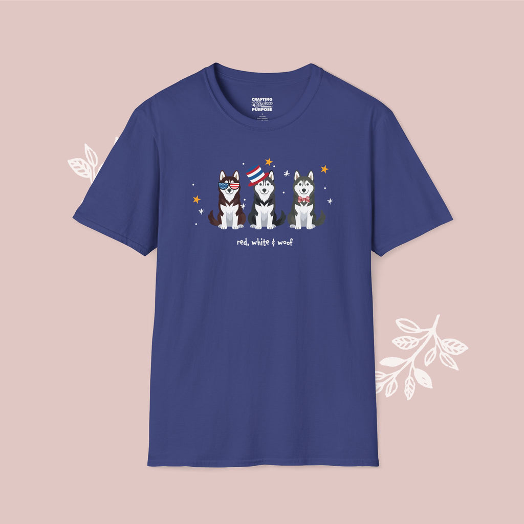 Husky Patriotic Dog Trio T-Shirt — 'Red, White & Woof' Cute America Graphic Tee