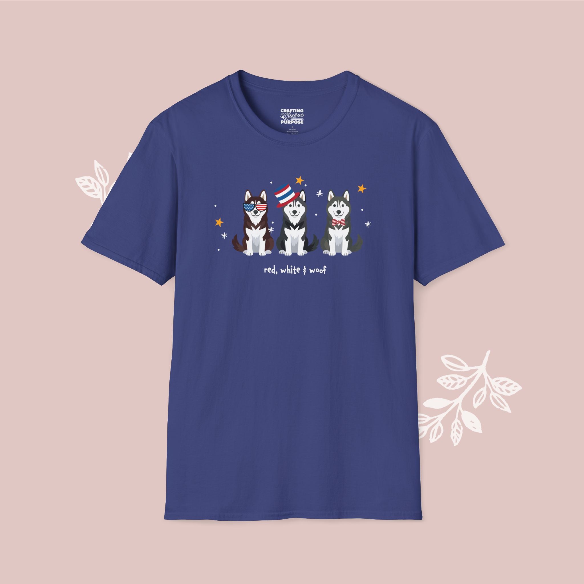 Husky Patriotic Dog Trio T-Shirt — 'Red, White & Woof' Cute America Graphic Tee