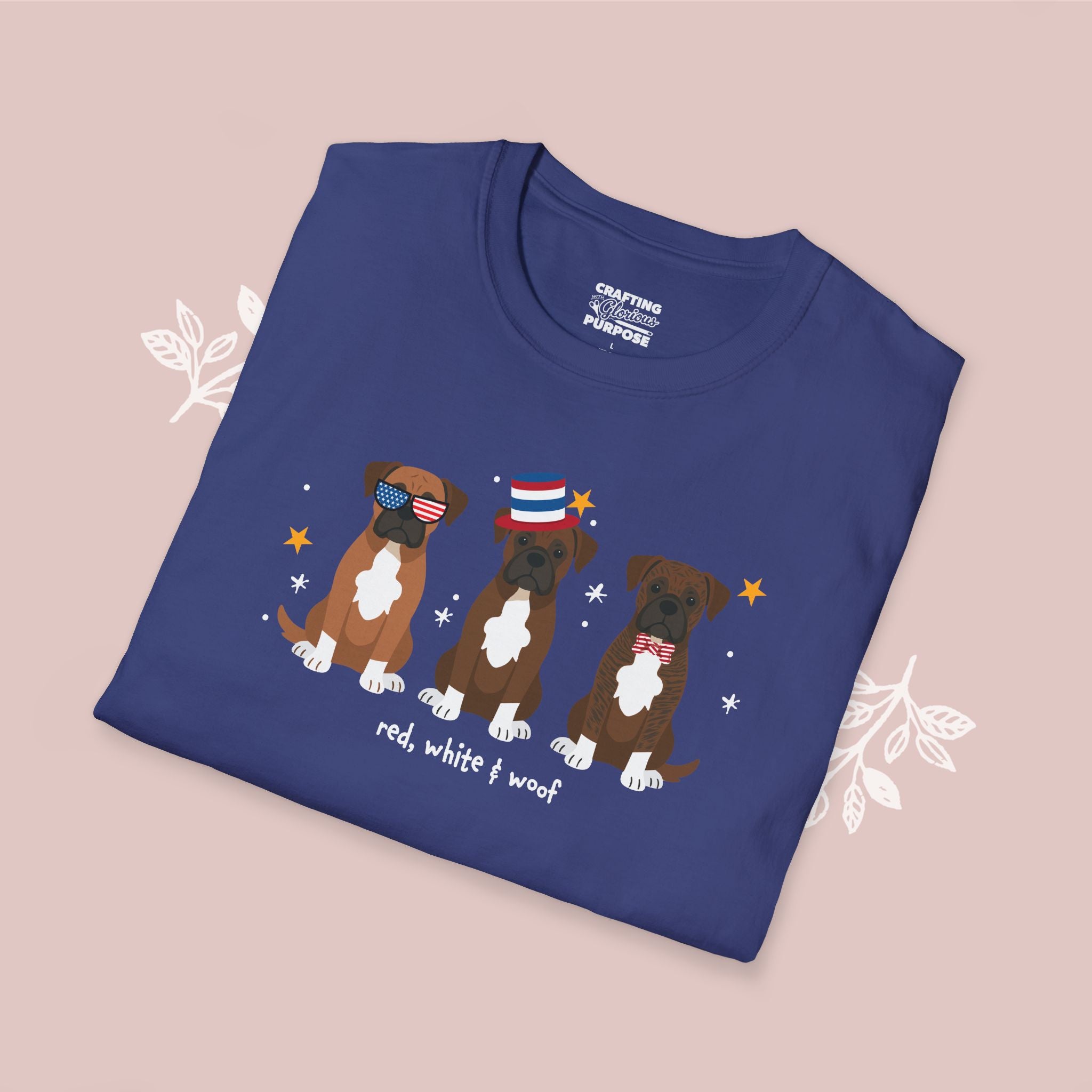 Boxer Patriotic Dog Trio T-Shirt — 'Red, White & Woof' Cute America Graphic Tee