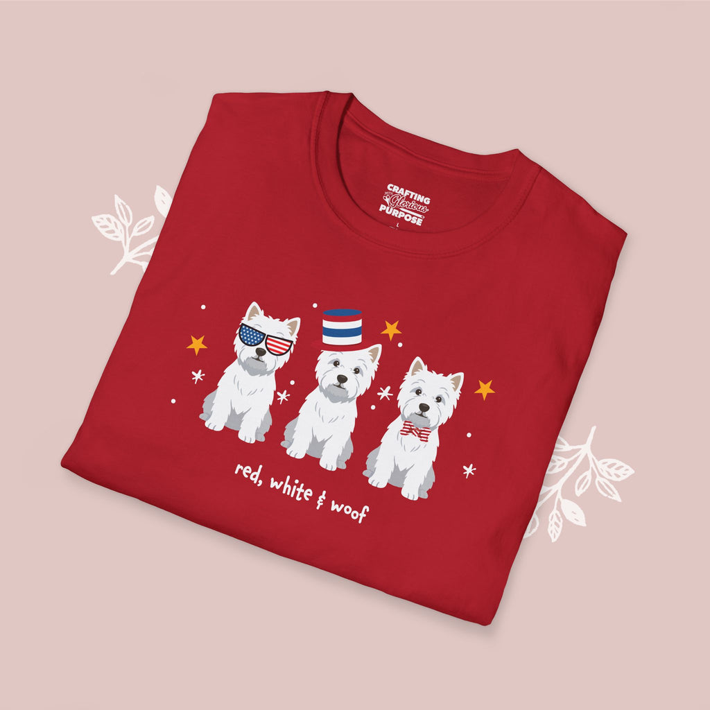 West Highland Terrier Patriotic Dog Trio T-Shirt — 'Red, White & Woof' Cute America Graphic Tee