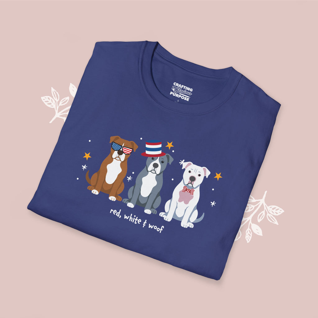 Pitbull Patriotic Dog Trio T-Shirt — 'Red, White & Woof' Cute America Graphic Tee
