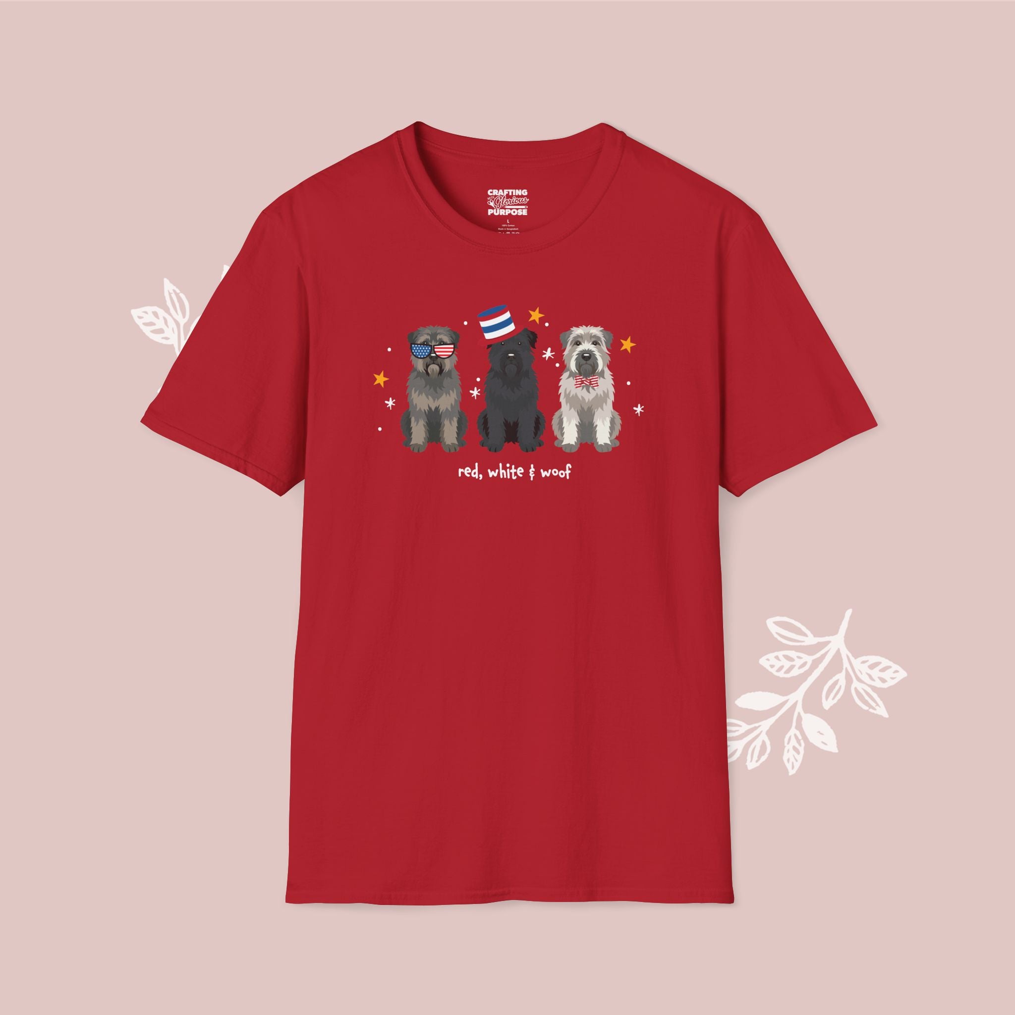 Bouvier Patriotic Dog Trio T-Shirt — 'Red, White & Woof' Cute America Graphic Tee
