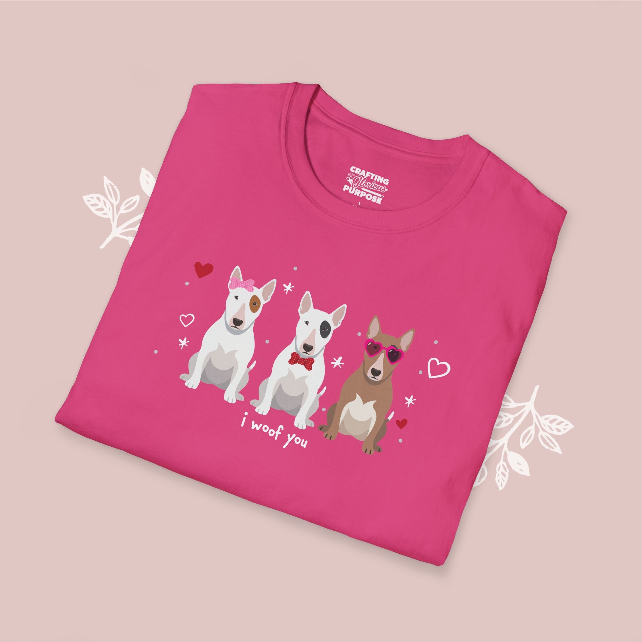 I Woof You Cute Bull Terrier Trio Dog Tee — Valentine's T-Shirt