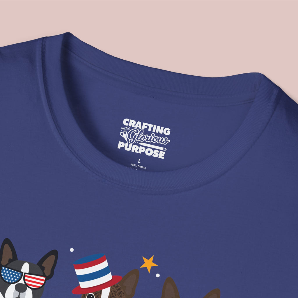 Boston Terrier Patriotic Dog Trio T-Shirt — 'Red, White & Woof' Cute America Graphic Tee