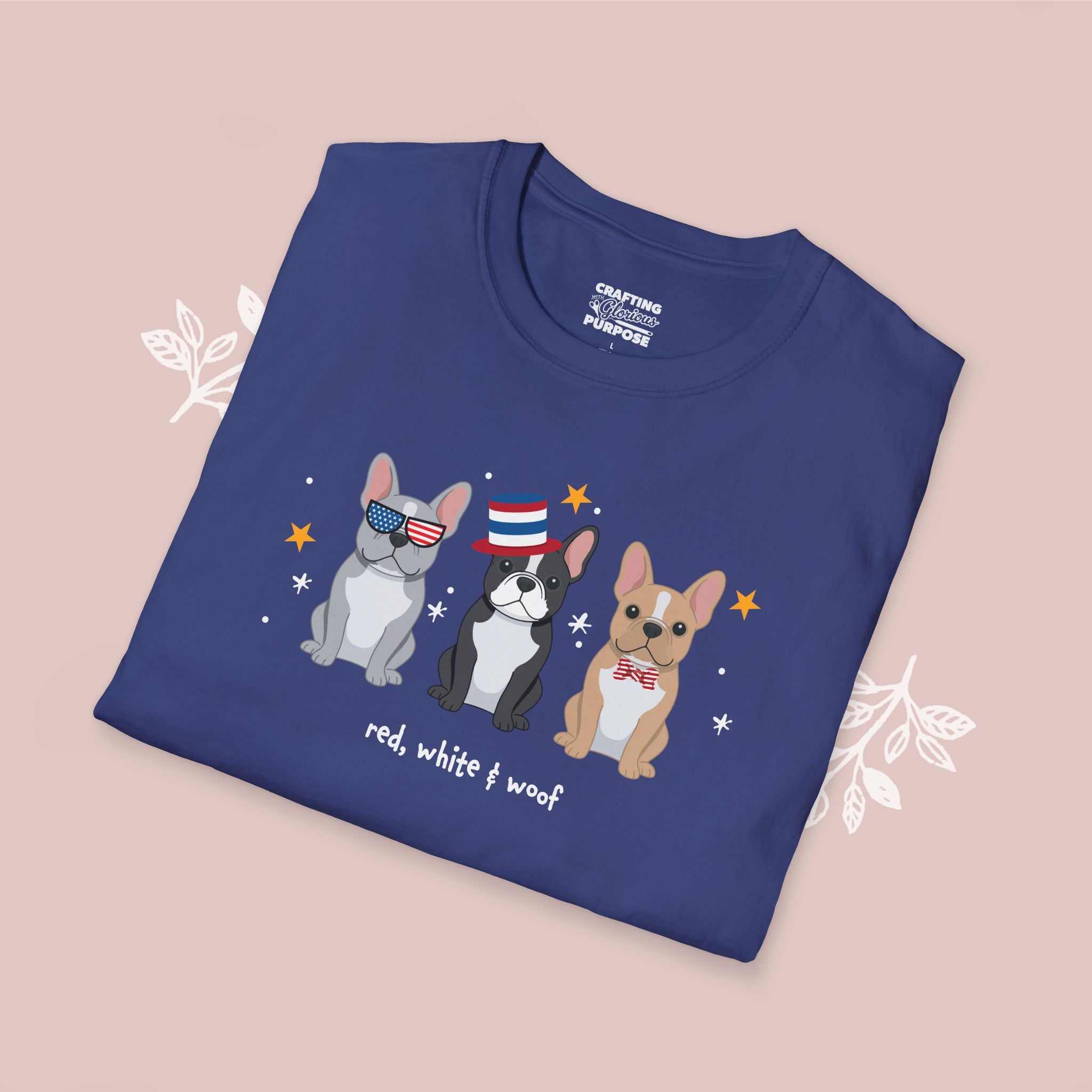 French Bulldog Patriotic Dog Trio T-Shirt — 'Red, White & Woof' Cute America Graphic Tee