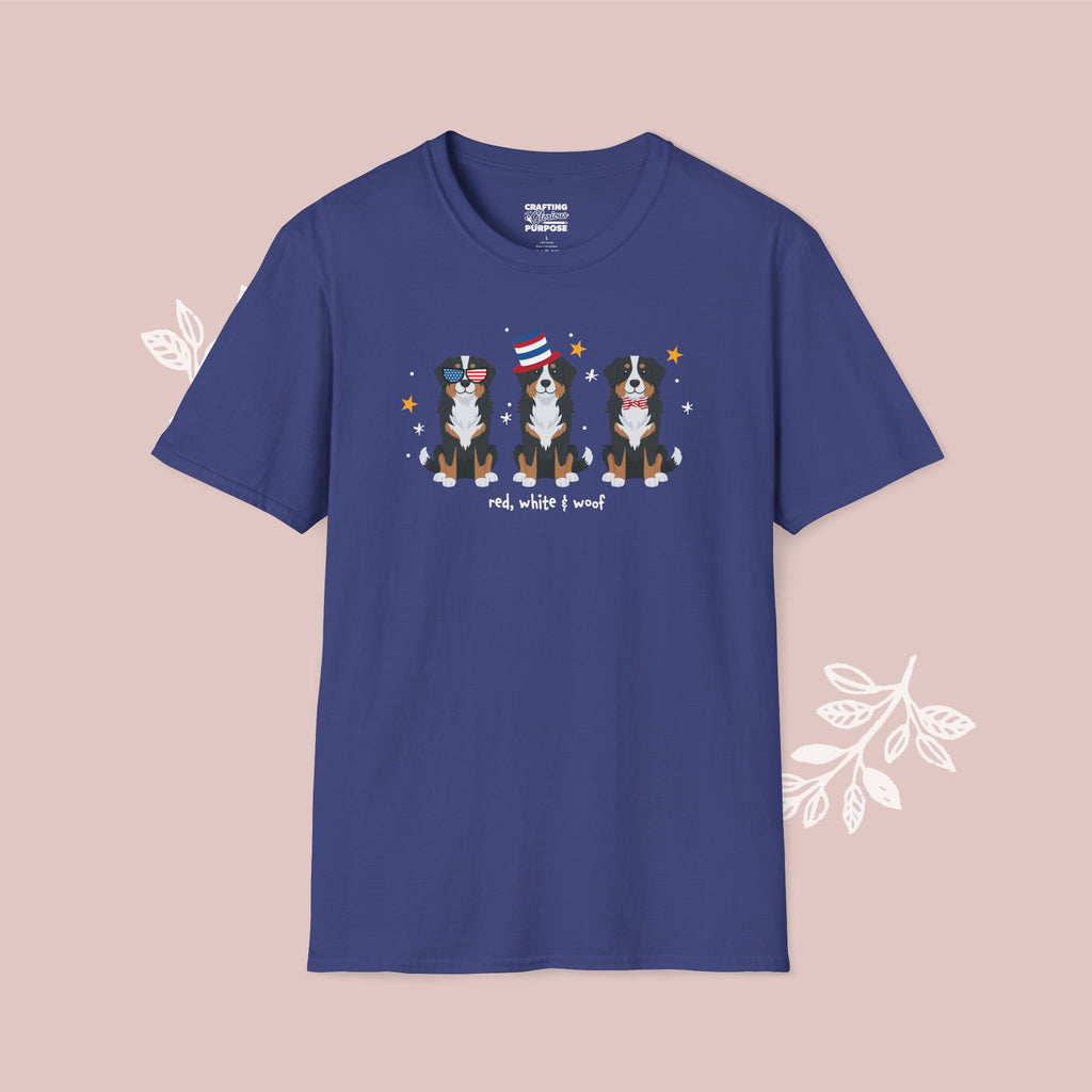 Bernese Patriotic Dog Trio T-Shirt — 'Red, White & Woof' Cute America Graphic Tee