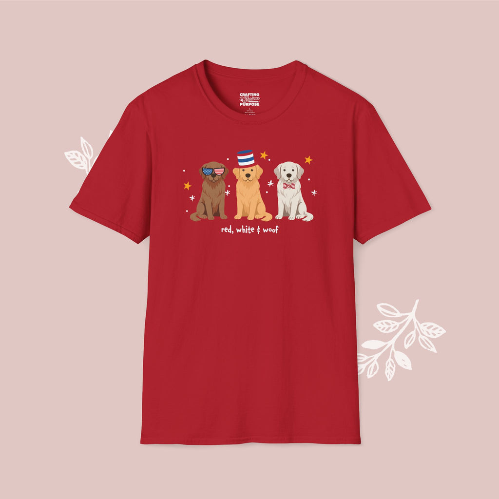Golden Retriever Patriotic Dog Trio T-Shirt — 'Red, White & Woof' Cute America Graphic Tee