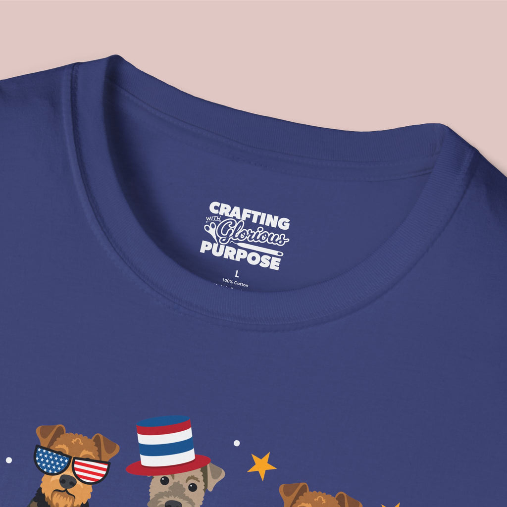 Airedale Terrier Patriotic Dog Trio T-Shirt — 'Red, White & Woof' Cute America Graphic Tee