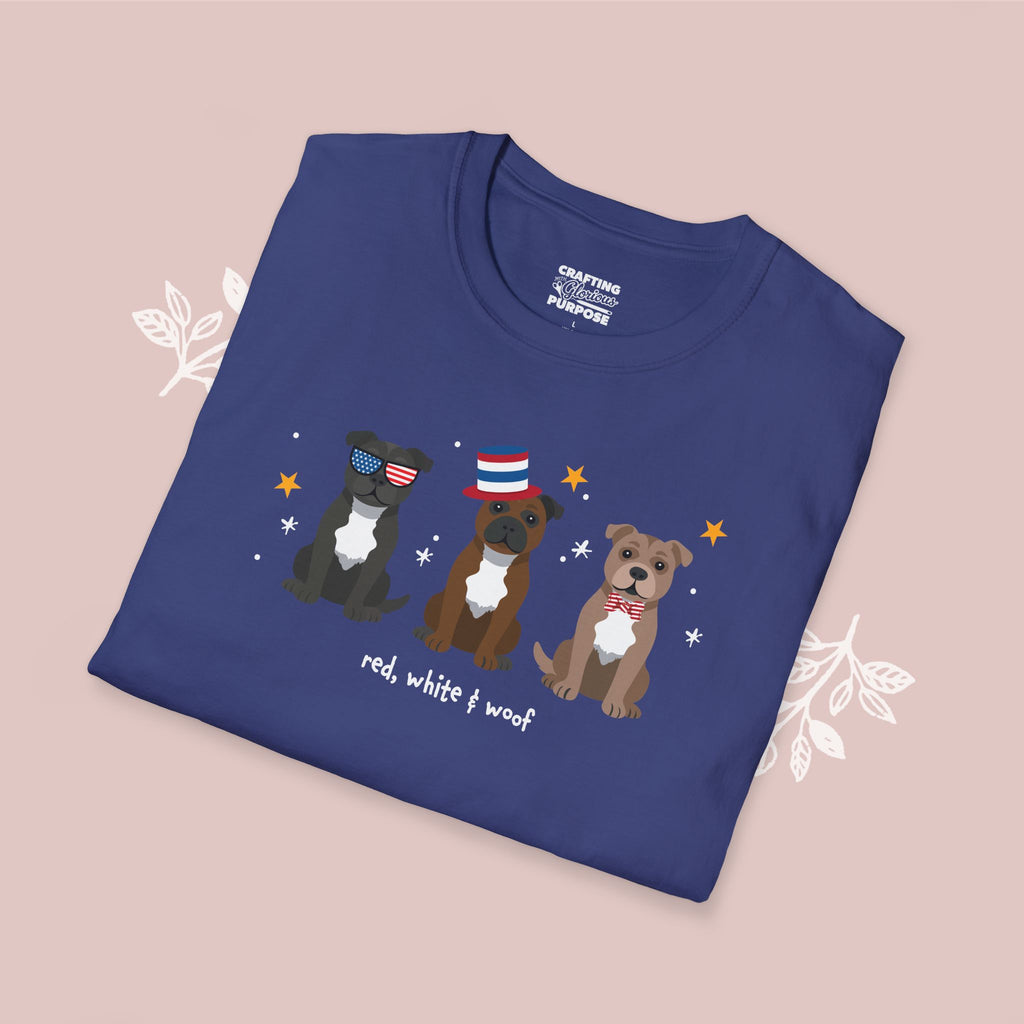 Staffordshire Bull Terrier Patriotic Dog Trio T-Shirt — 'Red, White & Woof' Cute America Graphic Tee