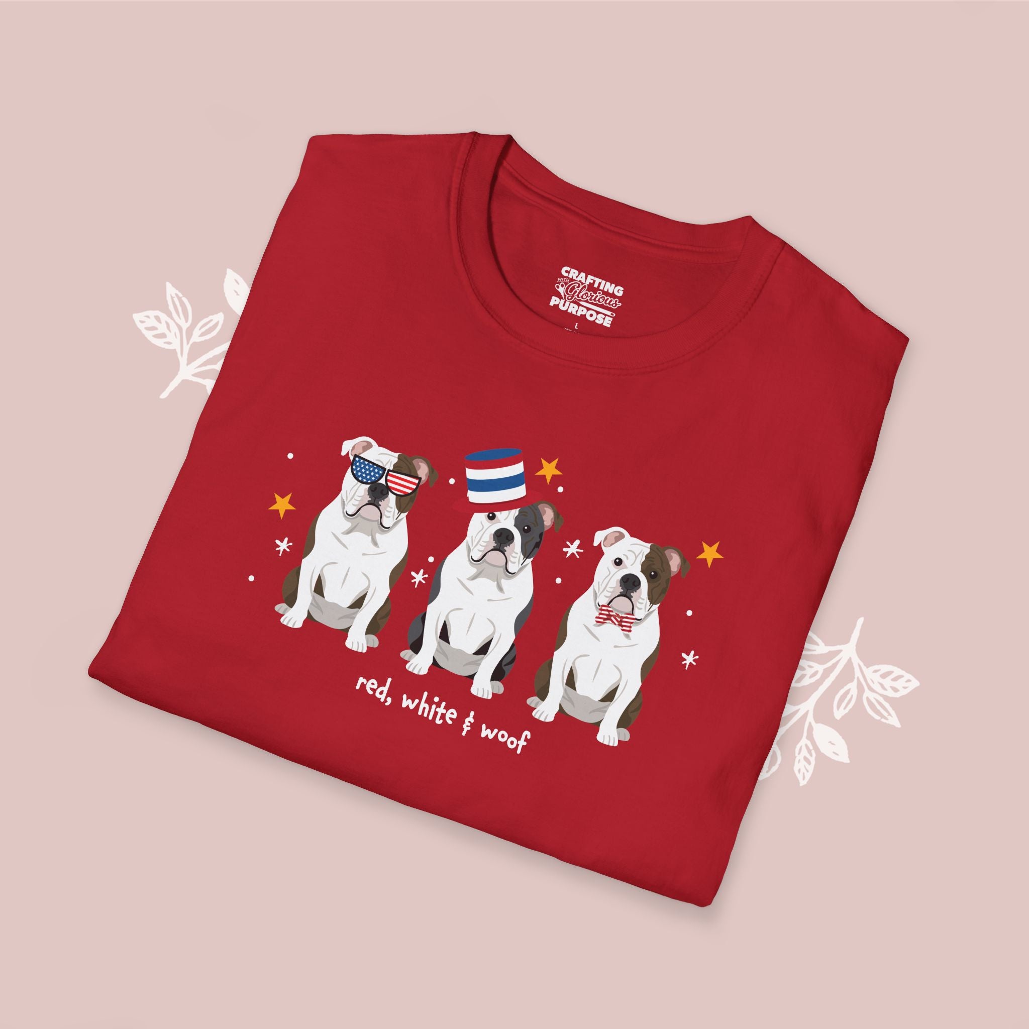 American Bulldog Patriotic Dog Trio T-Shirt — 'Red, White & Woof' Cute America Graphic Tee