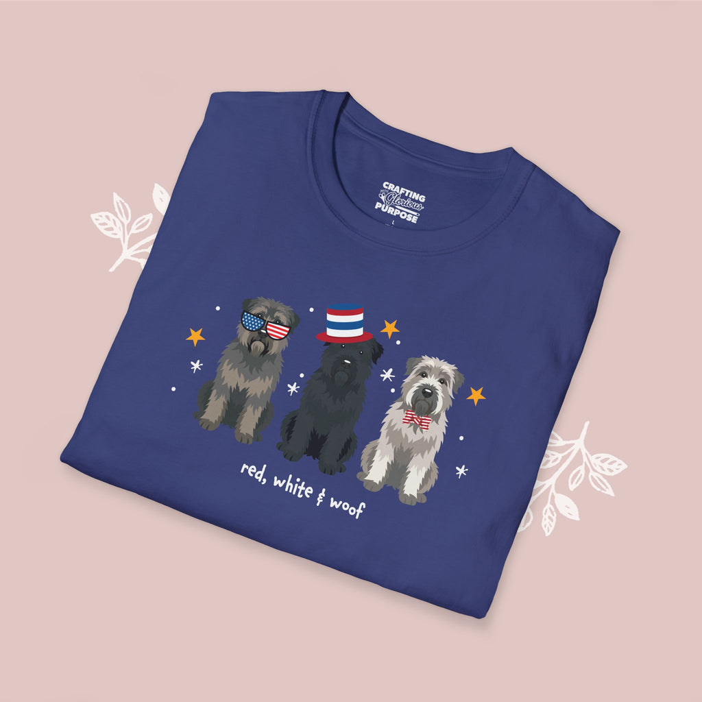 Bouvier Patriotic Dog Trio T-Shirt — 'Red, White & Woof' Cute America Graphic Tee