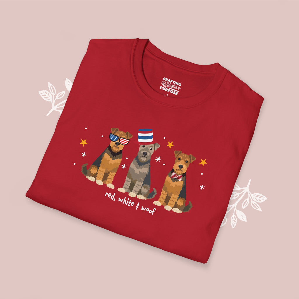 Airedale Terrier Patriotic Dog Trio T-Shirt — 'Red, White & Woof' Cute America Graphic Tee