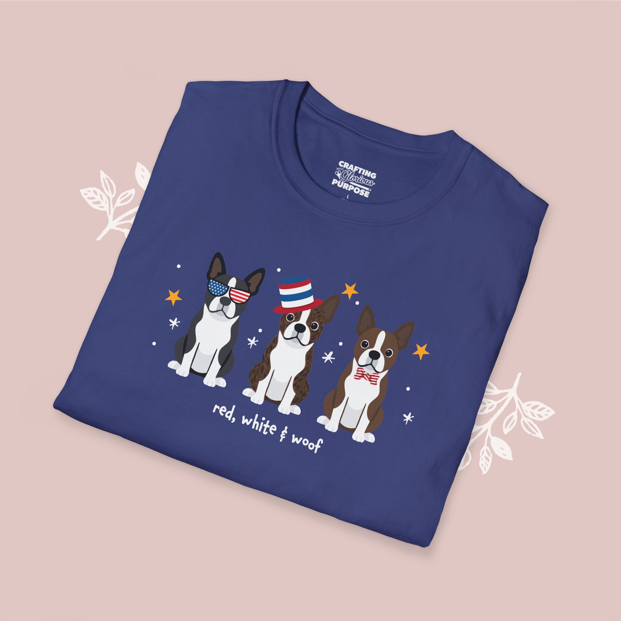 Boston Terrier Patriotic Dog Trio T-Shirt — 'Red, White & Woof' Cute America Graphic Tee