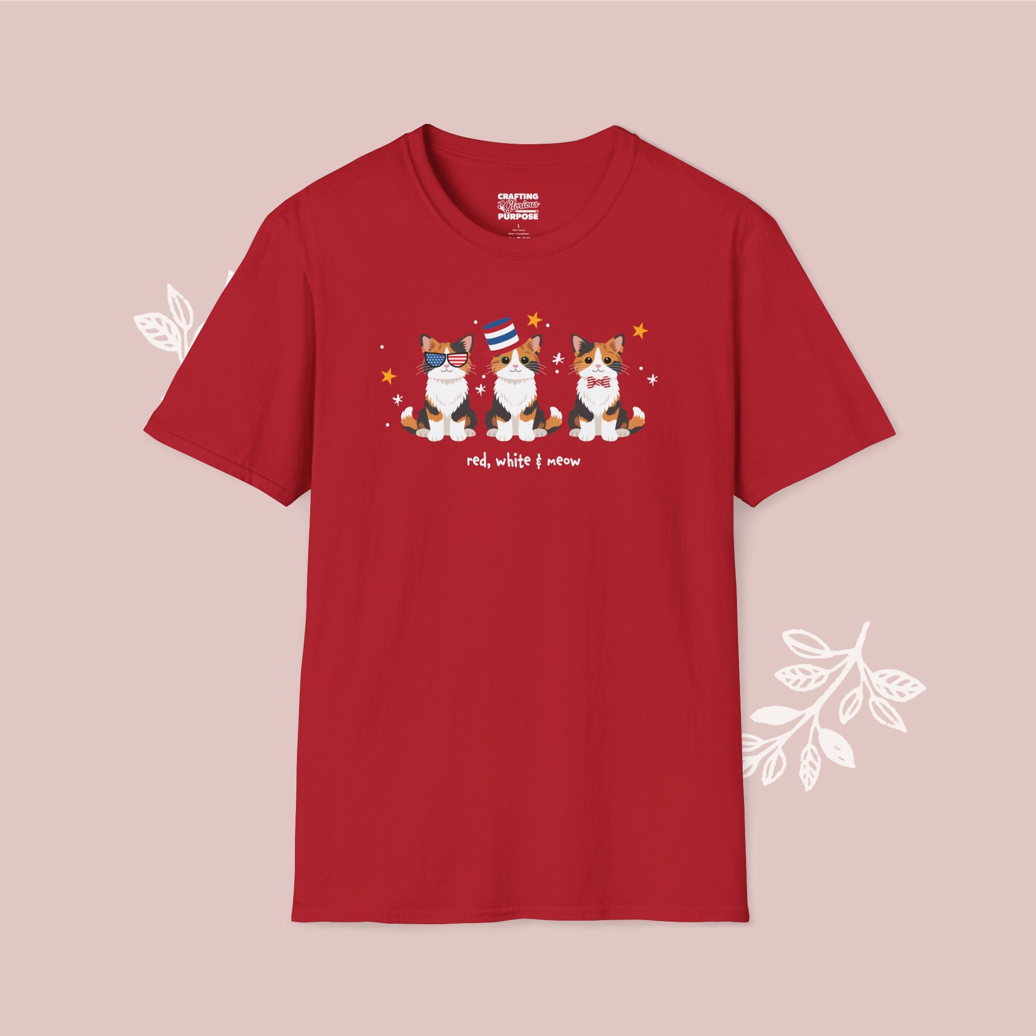 Red t-shirt with dog graphic and text on a pink background