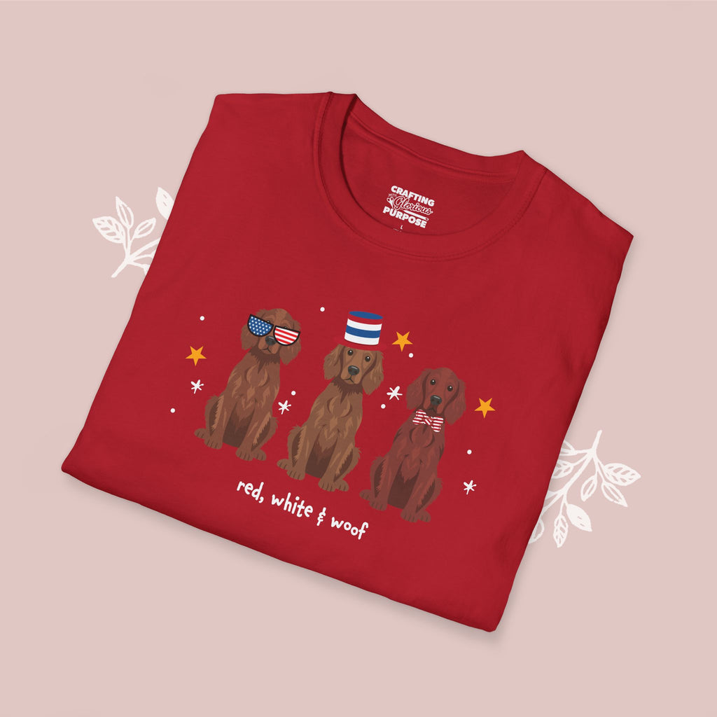 Irish Setter Patriotic Dog Trio T-Shirt — 'Red, White & Woof' Cute America Graphic Tee
