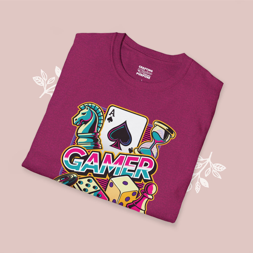 Gamer Board Game Graphic T-Shirt — Retro Dice, Cards & Chess Pieces Design