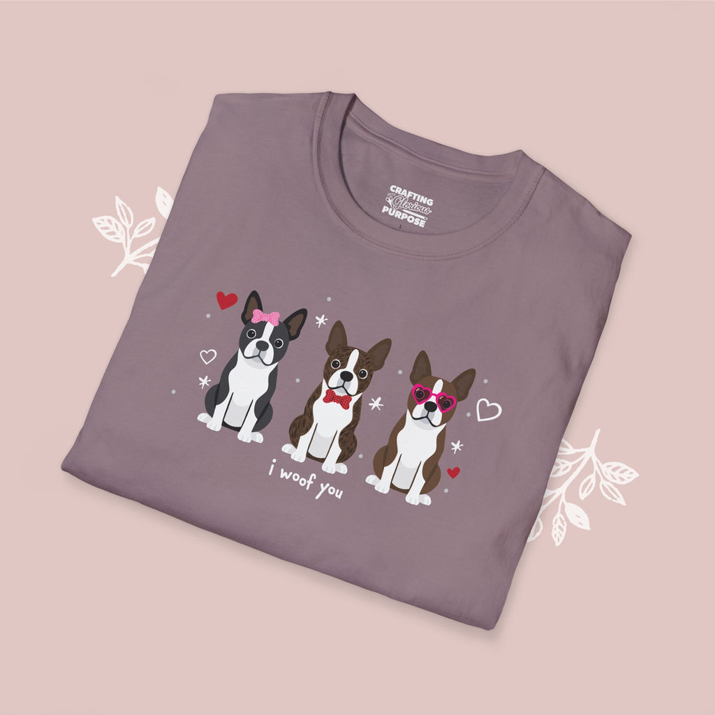 I Woof You Cute Boston Terrier Trio Dog Tee — Valentine's T-Shirt