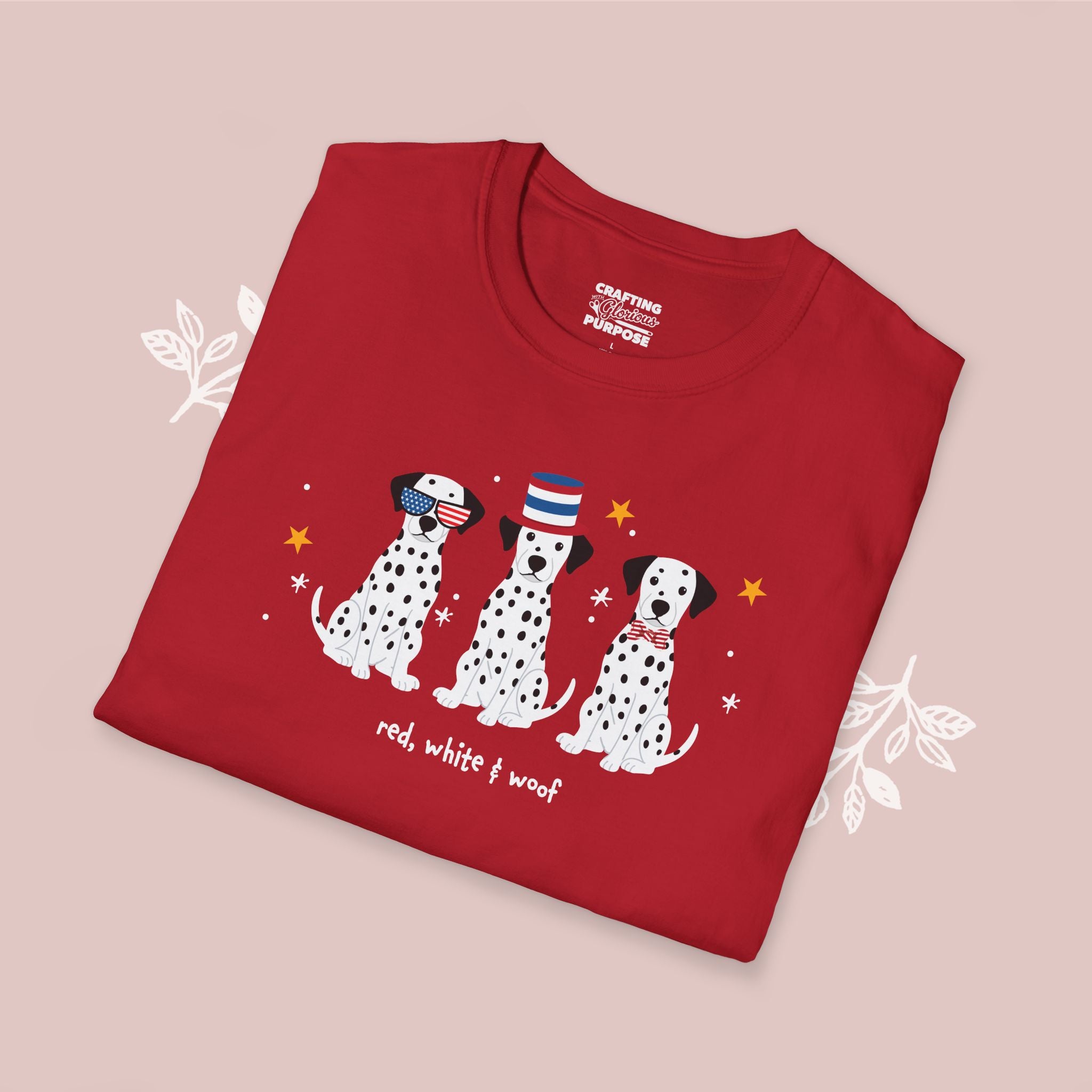 Dalmatian Patriotic Dog Trio T-Shirt — 'Red, White & Woof' Cute America Graphic Tee