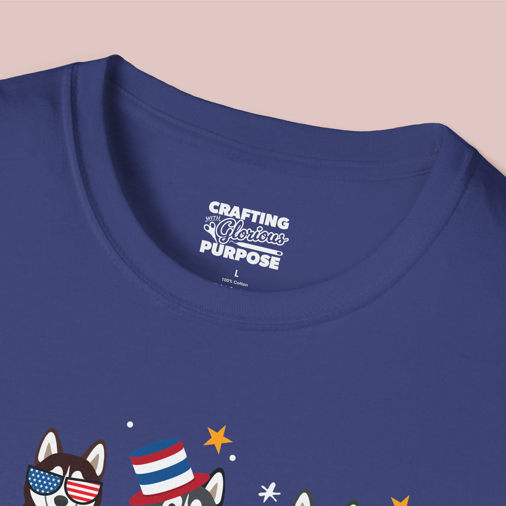 Husky Patriotic Dog Trio T-Shirt — 'Red, White & Woof' Cute America Graphic Tee