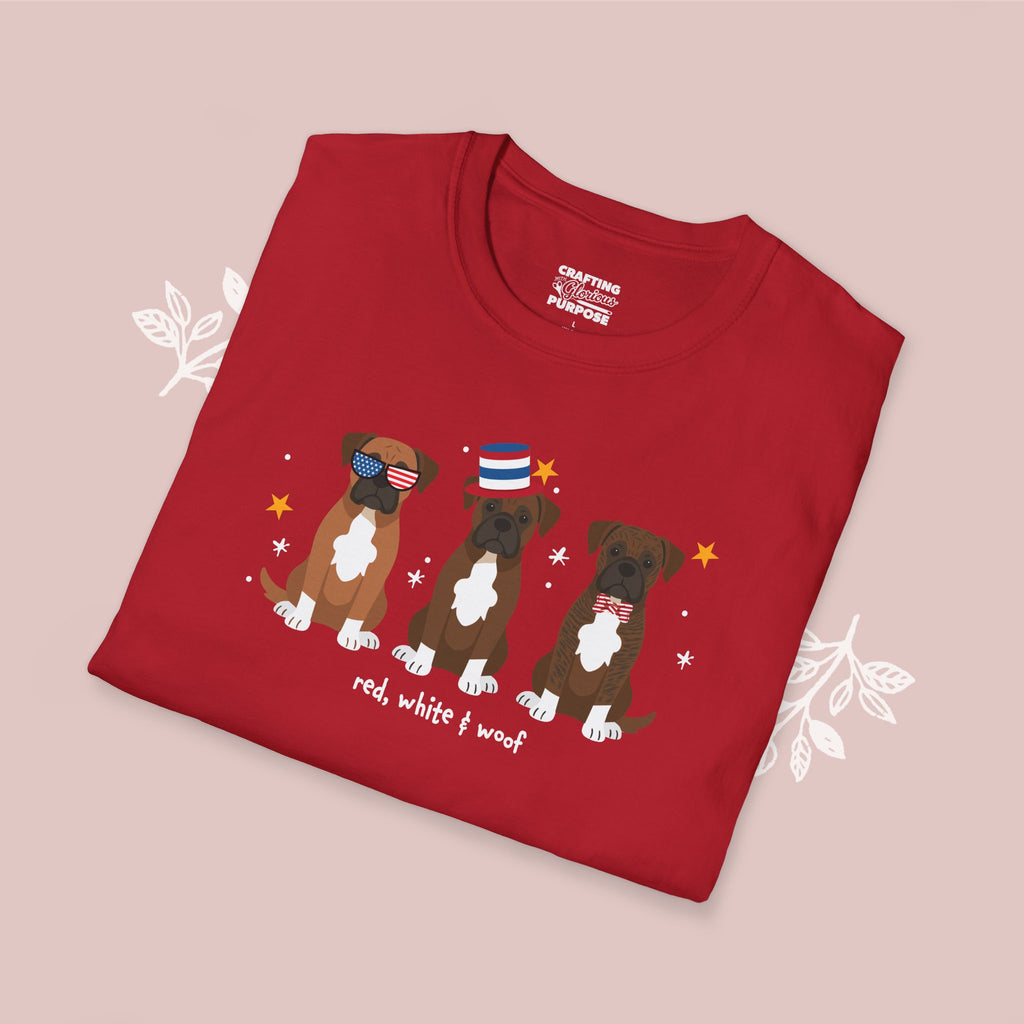 Boxer Patriotic Dog Trio T-Shirt — 'Red, White & Woof' Cute America Graphic Tee