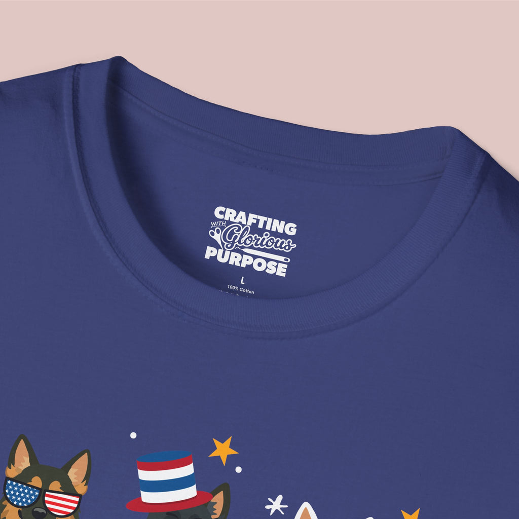 German Shepherd Patriotic Dog Trio T-Shirt — 'Red, White & Woof' Cute America Graphic Tee