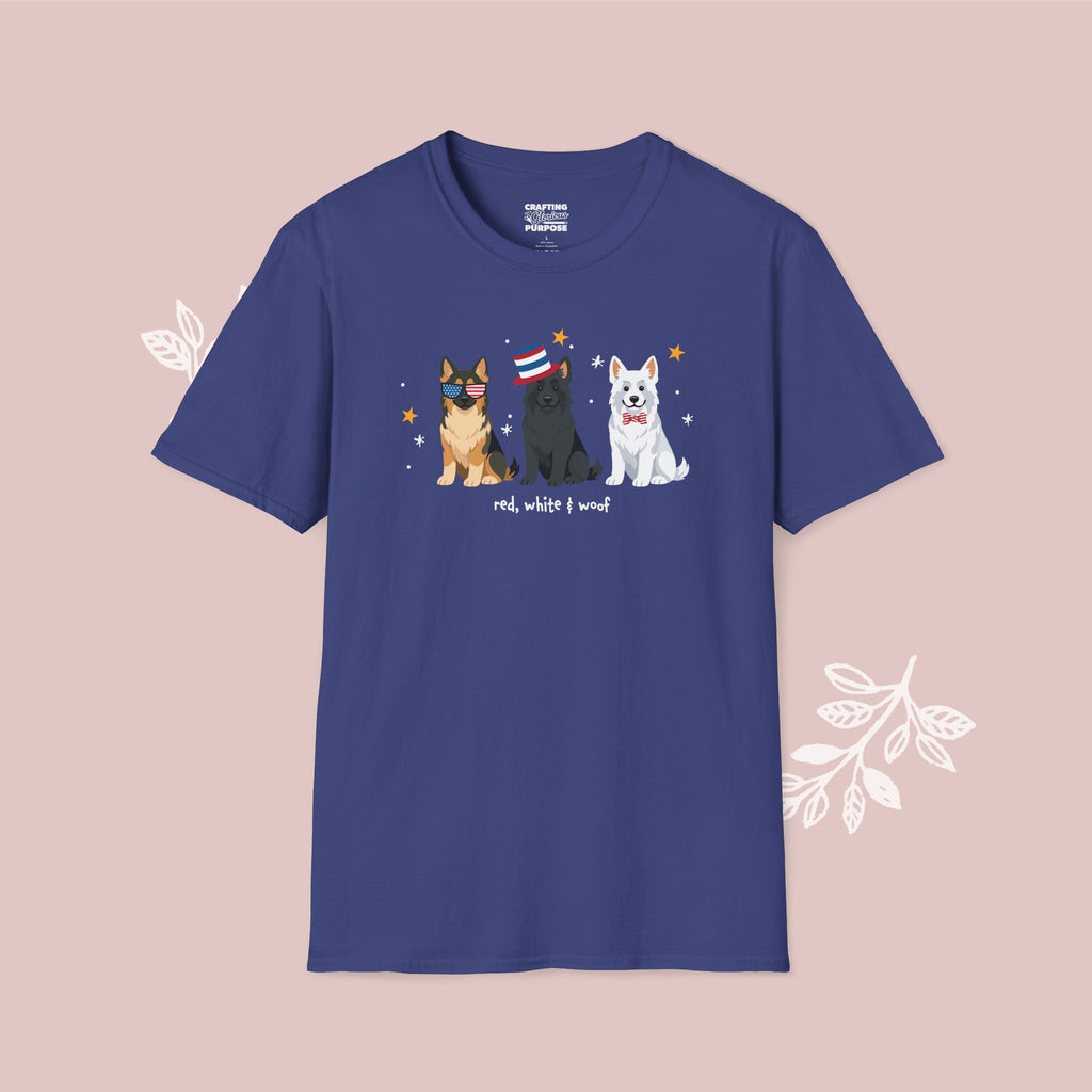 German Shepherd Patriotic Dog Trio T-Shirt — 'Red, White & Woof' Cute America Graphic Tee