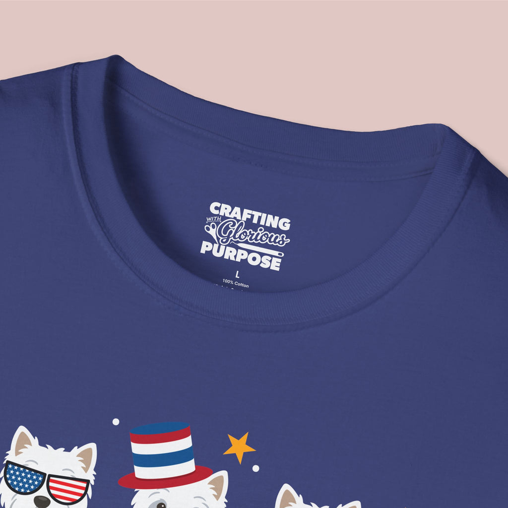 West Highland Terrier Patriotic Dog Trio T-Shirt — 'Red, White & Woof' Cute America Graphic Tee