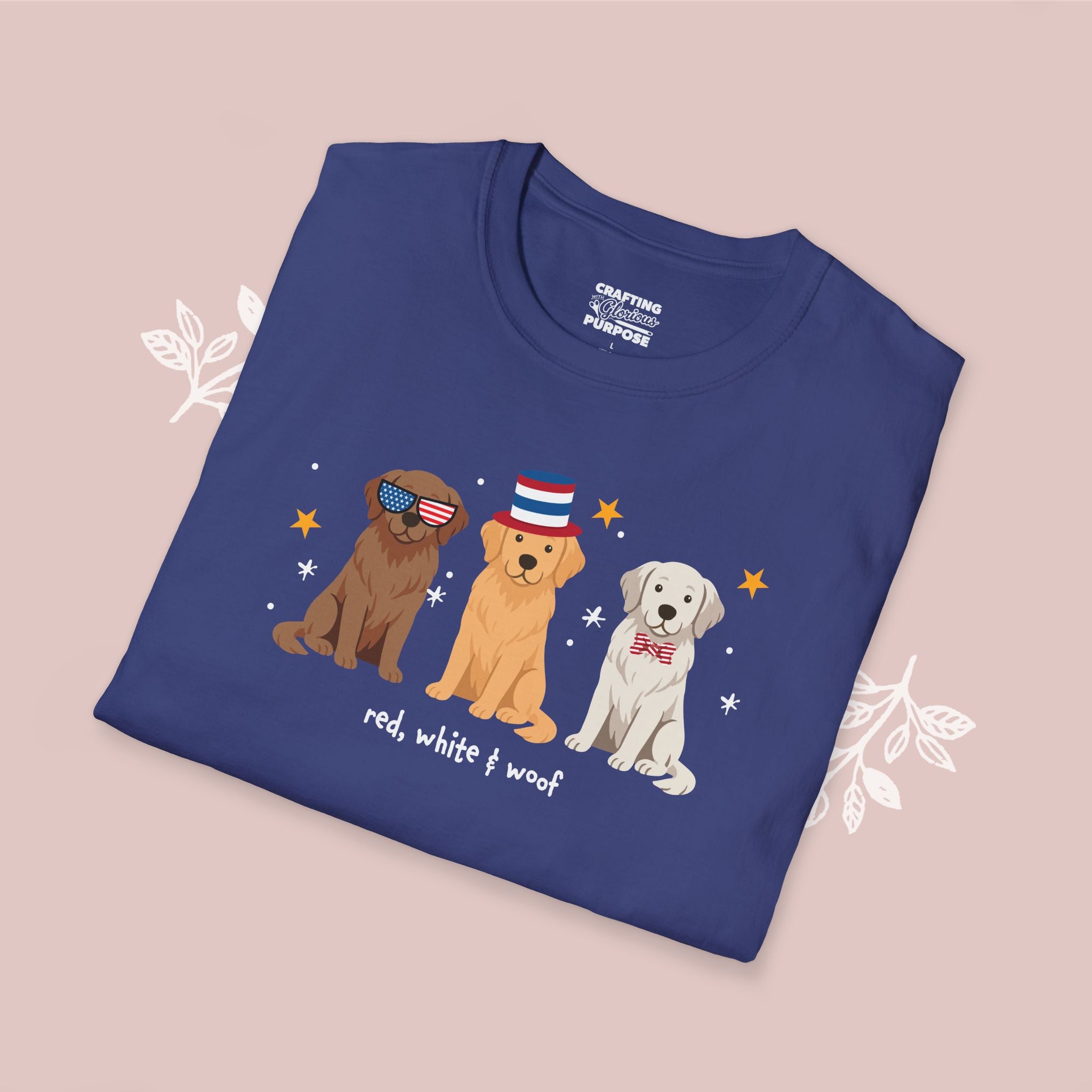 Golden Retriever Patriotic Dog Trio T-Shirt — 'Red, White & Woof' Cute America Graphic Tee