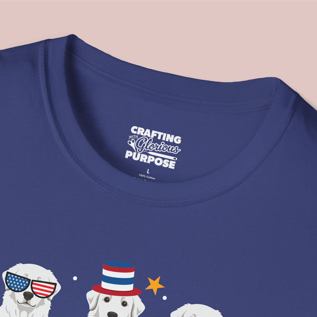 Great Pyrenees Patriotic Dog Trio T-Shirt — 'Red, White & Woof' Cute America Graphic Tee