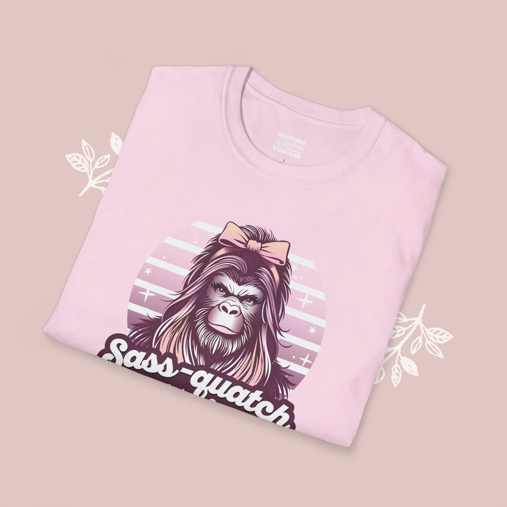Sass-quatch T-Shirt — Funny Feminine Bigfoot Graphic Tee ("Sass-quatch: Stay Wild, Stay Sassy")