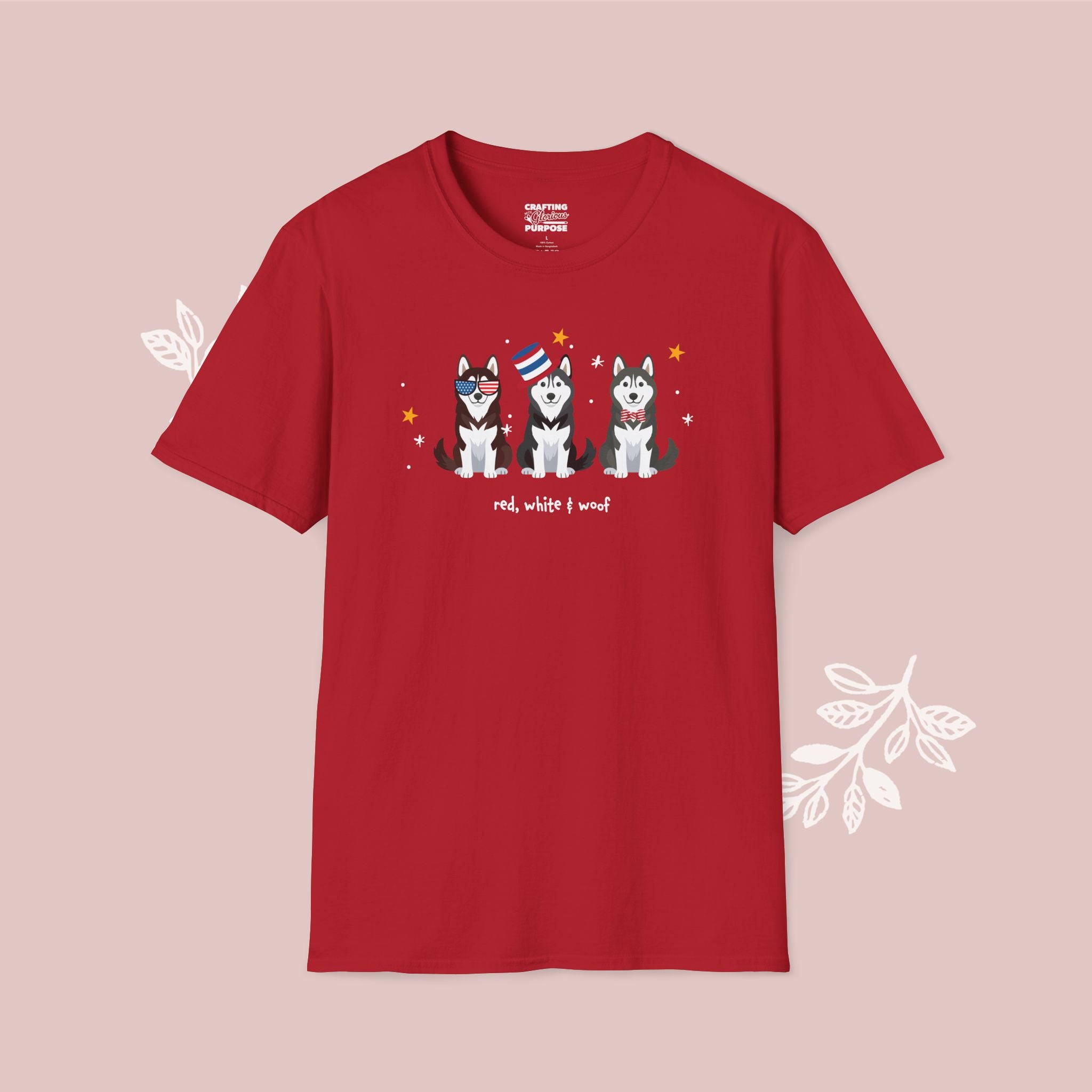 Husky Patriotic Dog Trio T-Shirt — 'Red, White & Woof' Cute America Graphic Tee