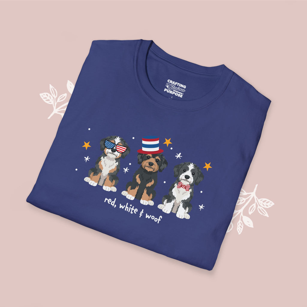 Aussiedoodle Patriotic Dog Trio T-Shirt — 'Red, White & Woof' Cute America Graphic Tee