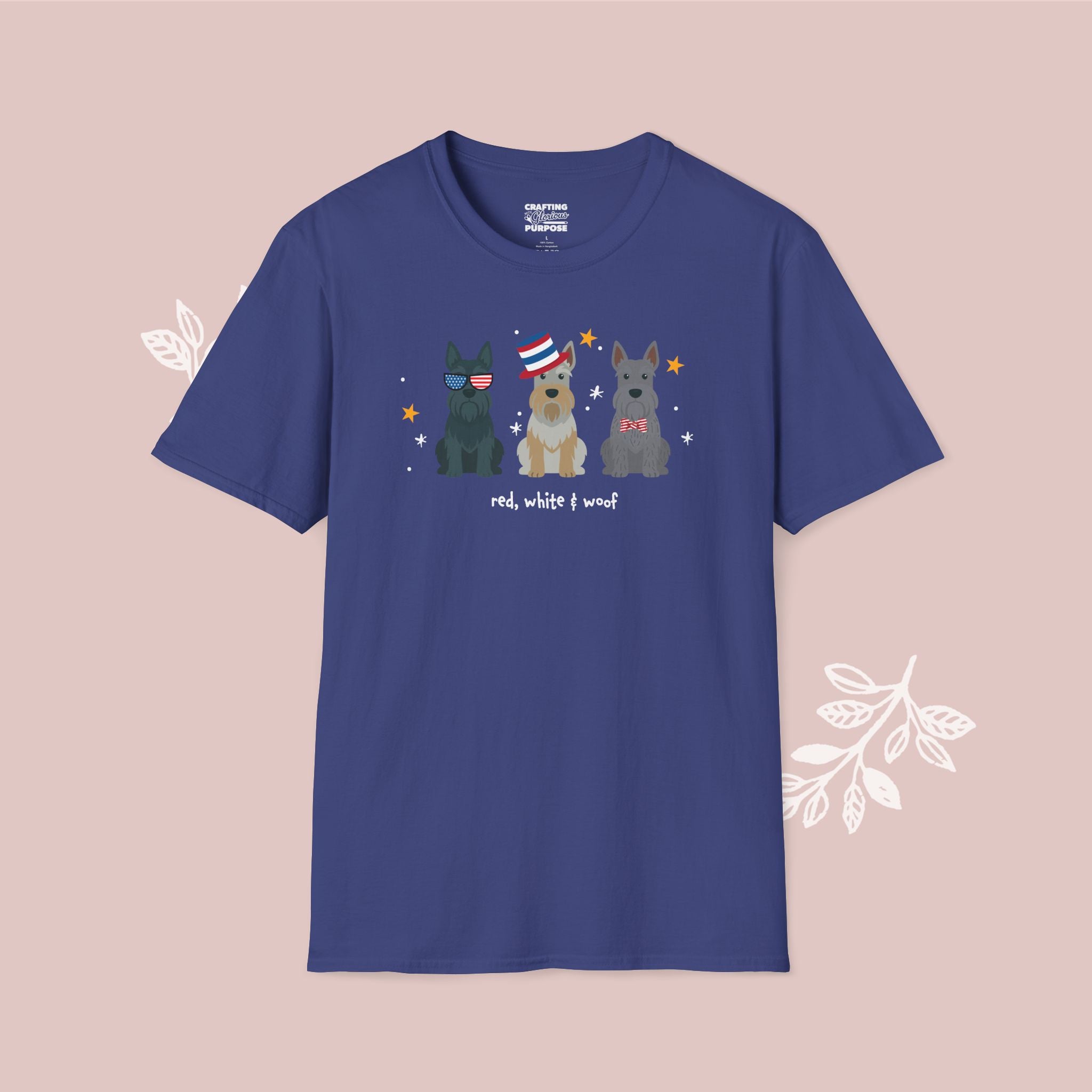 Scottish Terrier Patriotic Dog Trio T-Shirt — 'Red, White & Woof' Cute America Graphic Tee