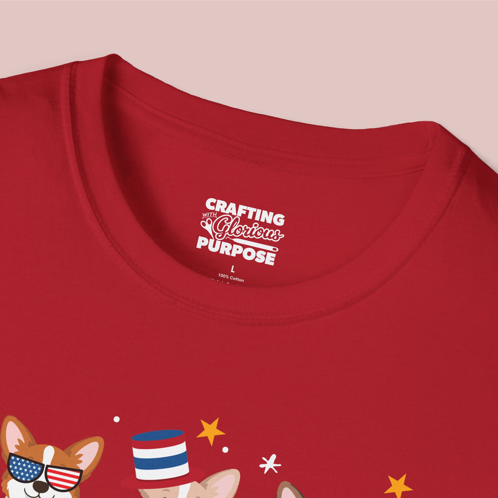 Corgi Patriotic Dog Trio T-Shirt — 'Red, White & Woof' Cute America Graphic Tee