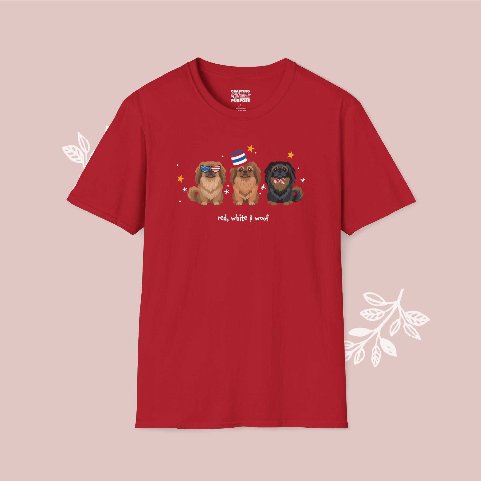 Pekingese Patriotic Dog Trio T-Shirt — 'Red, White & Woof' Cute America Graphic Tee