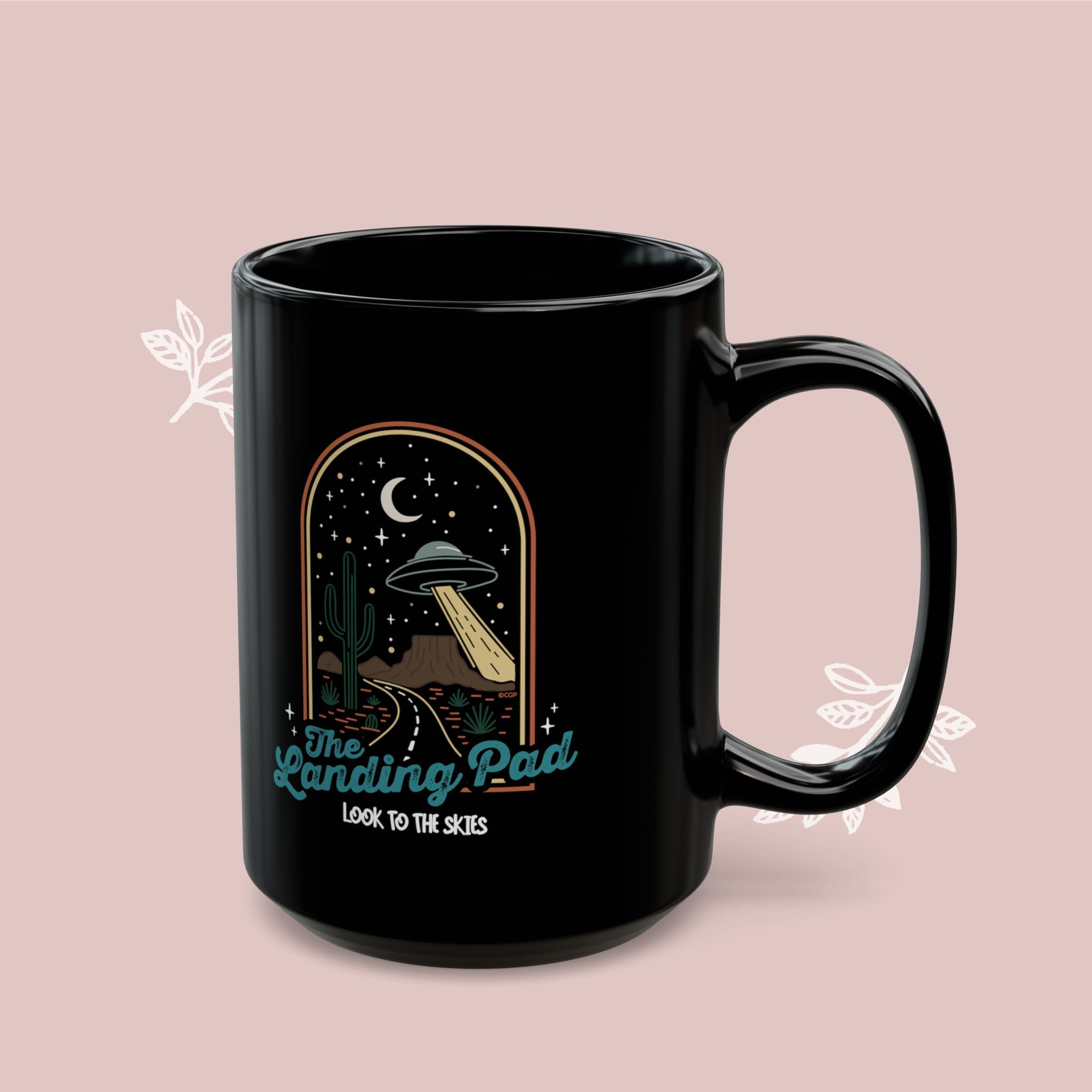UFO Coffee Mug — "The Landing Pad" Retro Desert Alien Design