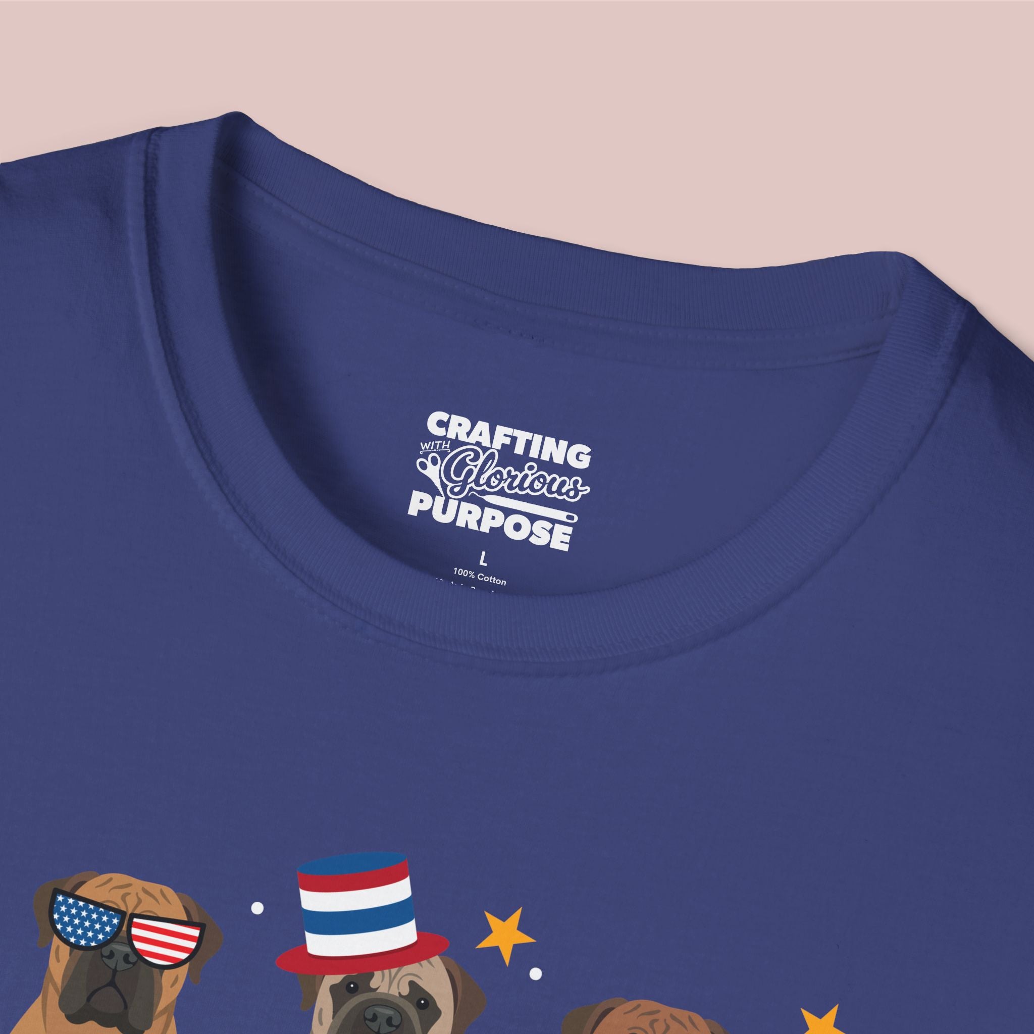 Bullmastiff Patriotic Dog Trio T-Shirt — 'Red, White & Woof' Cute America Graphic Tee