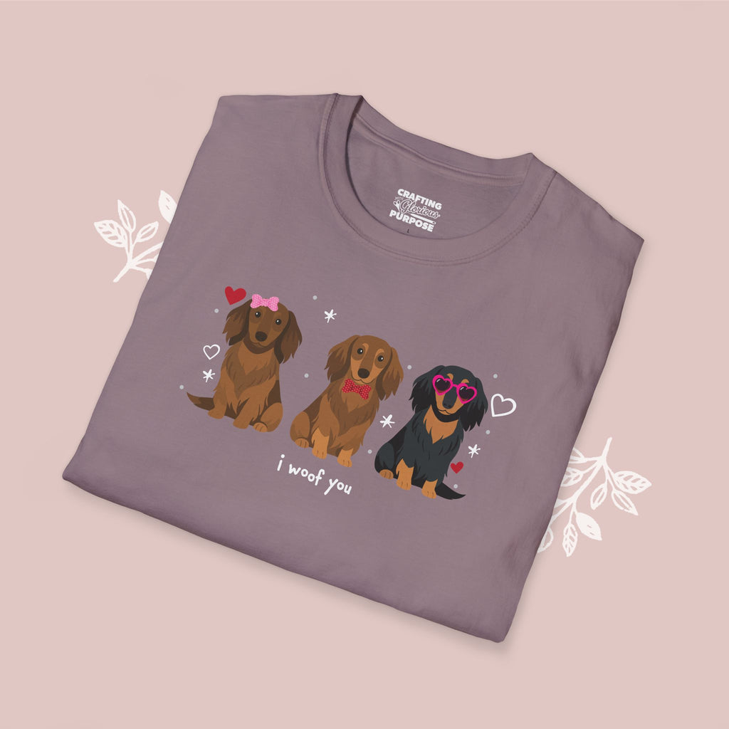 I Woof You Cute Dachshund (Long Haired) Trio Dog Tee — Valentine's T-Shirt