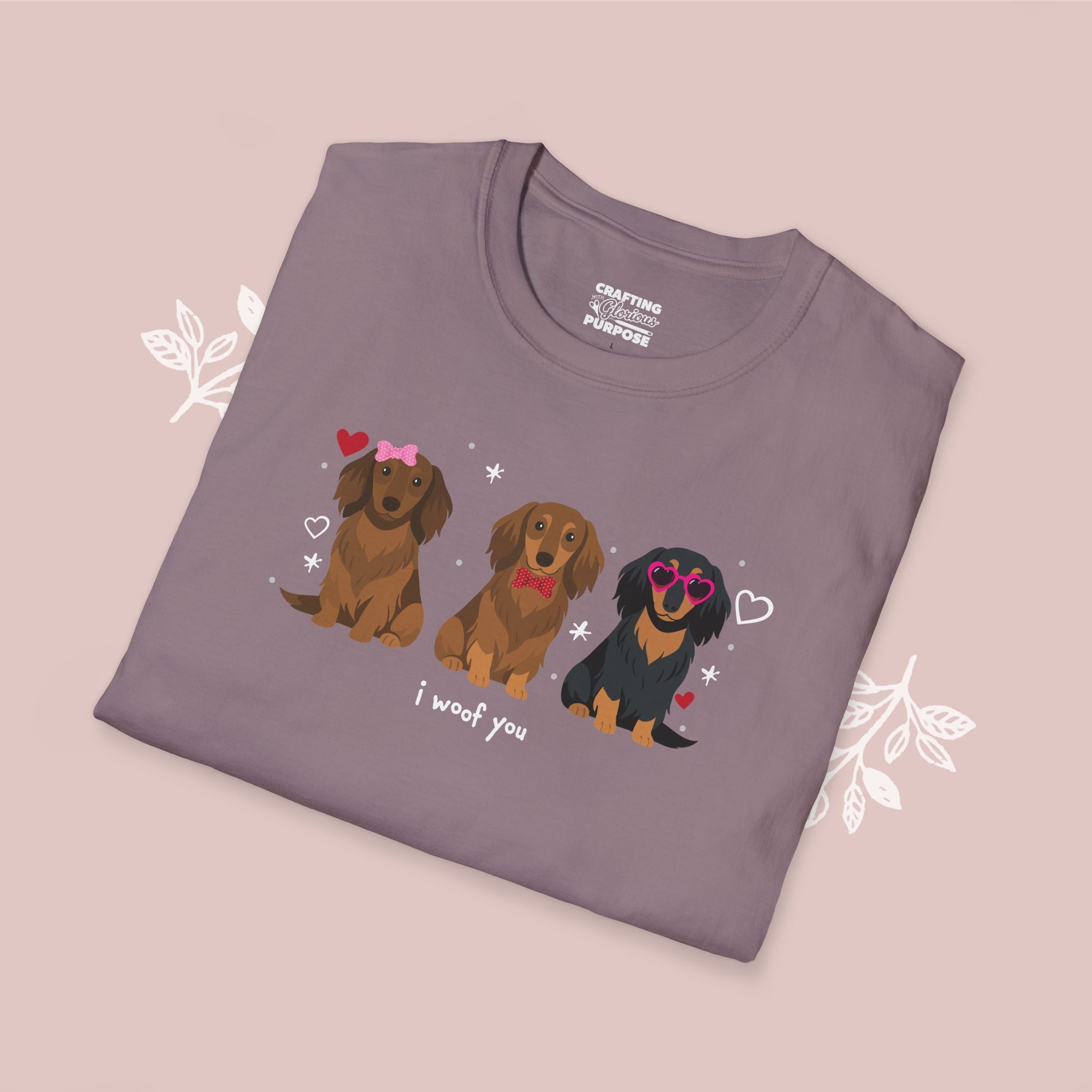 I Woof You Cute Dachshund (Long Haired) Trio Dog Tee — Valentine's T-Shirt