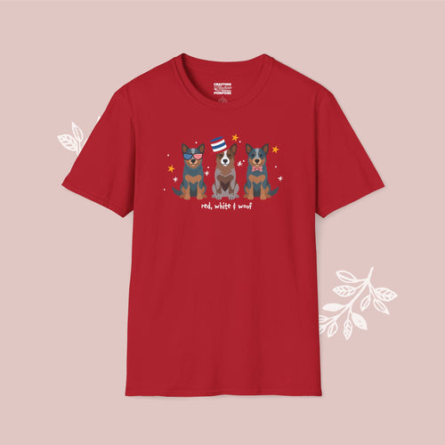 Australian Cattledog Patriotic Dog Trio T-Shirt — 'Red, White & Woof' Cute America Graphic Tee
