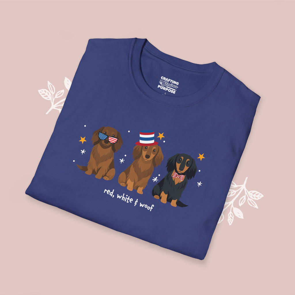 Dachshund Long Haired Patriotic Dog Trio T-Shirt — 'Red, White & Woof' Cute America Graphic Tee