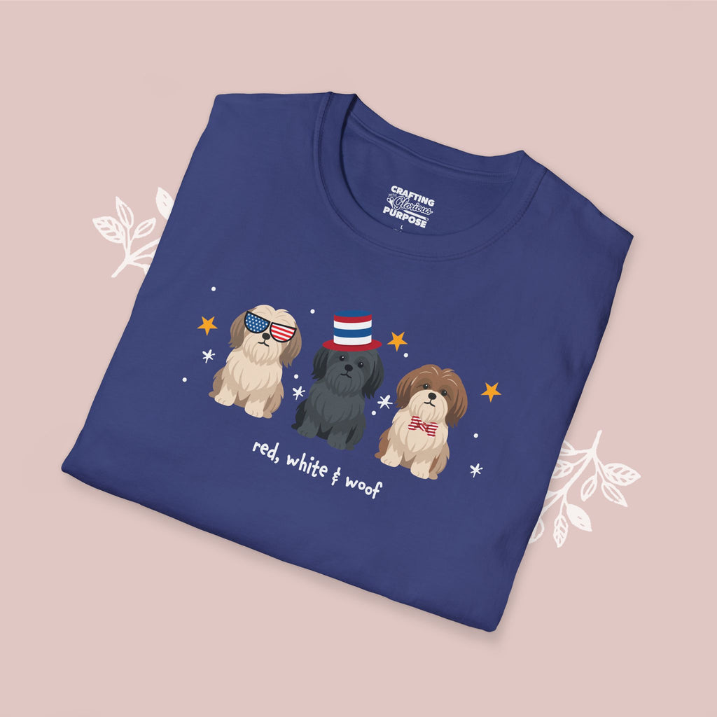 Lhasa Aspo Patriotic Dog Trio T-Shirt — 'Red, White & Woof' Cute America Graphic Tee
